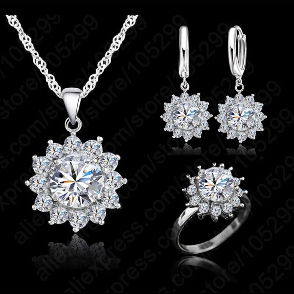 Sterling Silver 925 Cubic Zircon Round Large Necklace Earring Ring Set. New